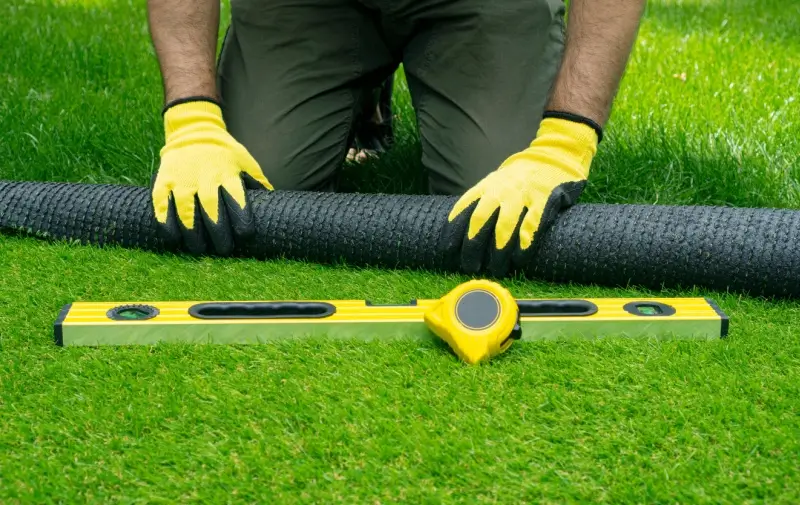 Landscaper installing artificial turf.