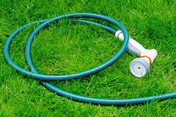 Garden hose in grass.