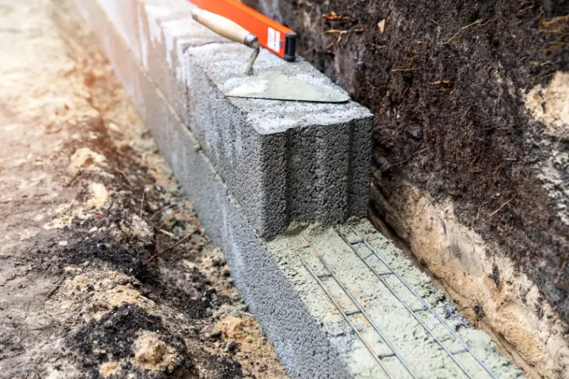 Concrete blocks being laid to build a retaining wall.