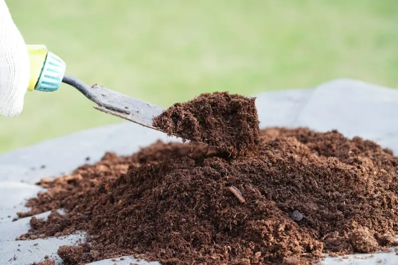 Landscaper amending soil with peat moss. 