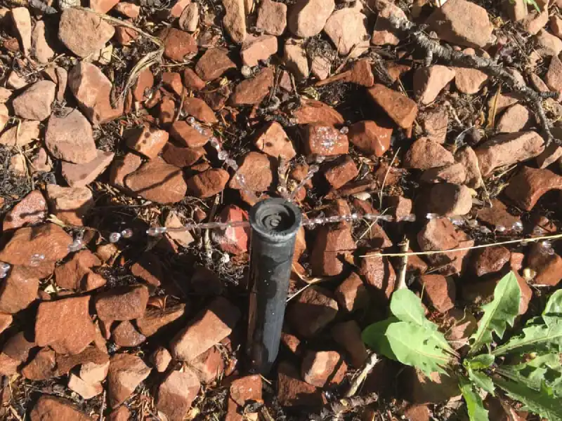 A broken sprinkler amongst reddish-brown rocks spraying a small stream of water.