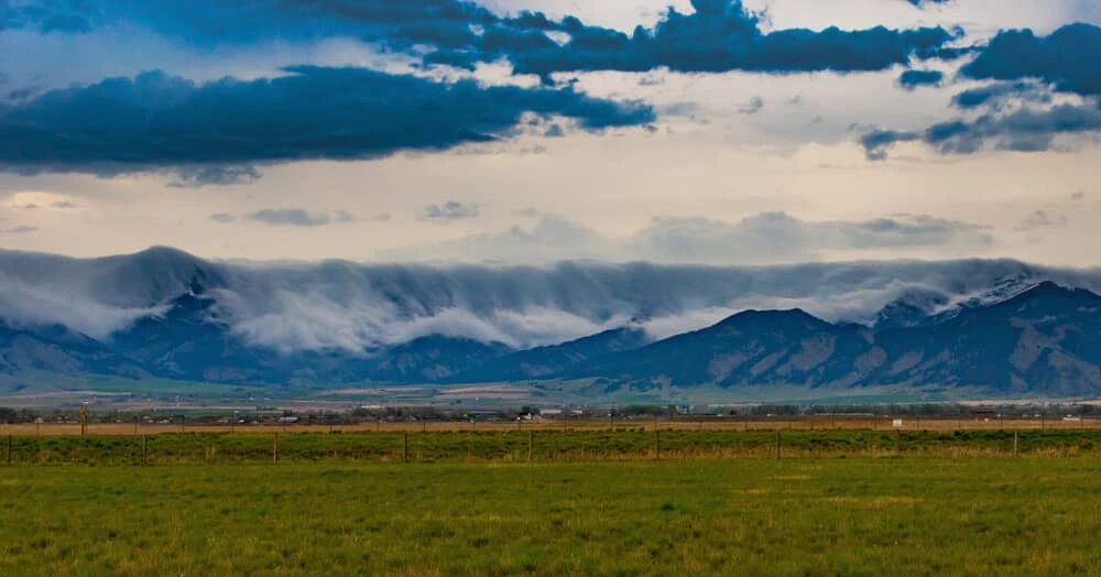 Farmland below the Rocky Mountains in Belgrade, MT.