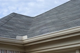 Pitched roof with white gutter installed.