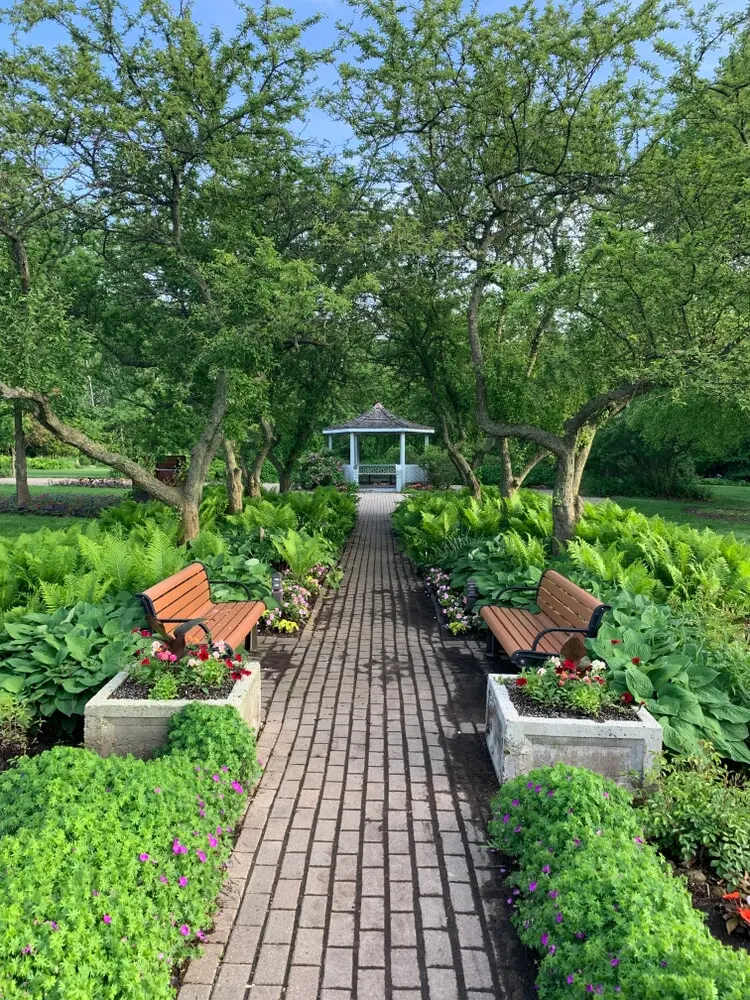 Landscaping pathway with benches leading up to gazebo