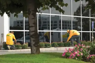 Two Grounds Guys service professionals planting shrubs outside commercial building.